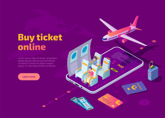 Buy airline ticket online isometric landing page