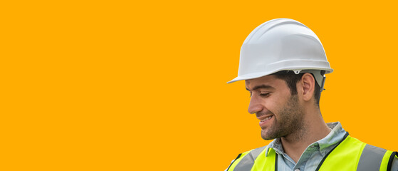 Engineer caucasian man is smiling isolated on yellow backgrounds.
