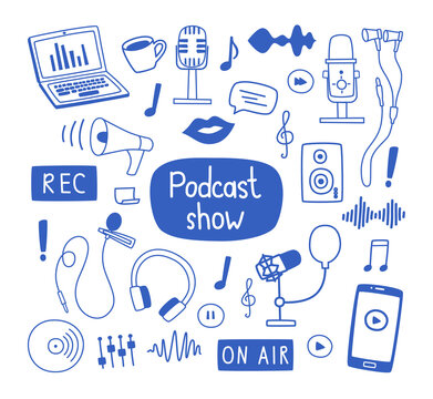 Set of contour elements and labels on the topic of recording podcasts, various microphones, a laptop, phrases, sound images. Vector illustration in the doodle style, for banners, websites, packaging.