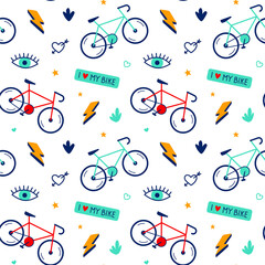 Trendy seamless pattern with bicycles. Vector texture or background for gift paper, wallpaper, fabric, cover, textiles or bike shop. I love my bike concept.