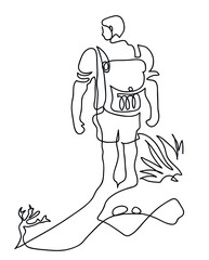 One line drawing of hiker on mountaintop.
One continuous line drawing of hiker standing on a mountaintop.
