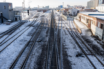 Fototapeta na wymiar train tracks in ulaanbaatar, mongolia on a winter day 