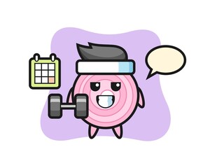 onion rings mascot cartoon doing fitness with dumbbell