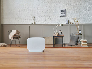 Modem on the table and close up, decorative living room home concept background style.