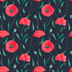 Fototapeta na wymiar Watercolor hand-painted floral seamless pattern. Poppies on dark background