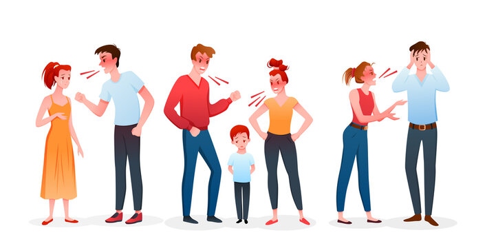 Cartoon angry man and woman have argument, quarreling before divorce, crying boy son child standing between divorcing parents isolated on white. Family or couple people quarrel vector illustration.