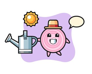 Cartoon character of onion rings holding watering can