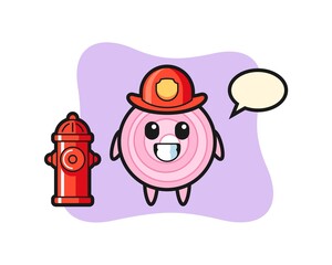 Mascot character of onion rings as a firefighter