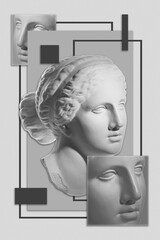 Collage with sculpture of human face in a pop art style. Modern creative concept image with ancient statue head. Zine culture. Contemporary art poster. Funky punk minimalism. Retro surreal design. © Ded Pixto