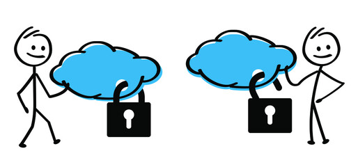 stickman with coud security icon. Download or upload. open or close padlock.
Stick figures man sign