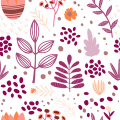 Seamless pattern with flowers and leaves on a white background. Perfect for fabric, textile, wallpaper. Vector Illustration.