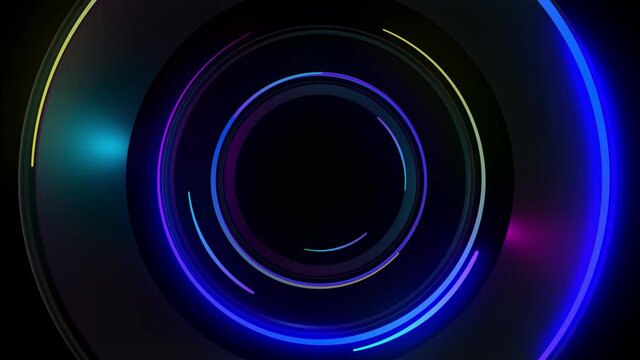 Abstract seamless loop of 3D render neon circle. Blue and purple neon circles abstract futuristic hi-tech motion background seamless loop. Video 3d animation Ultra HD 4K.