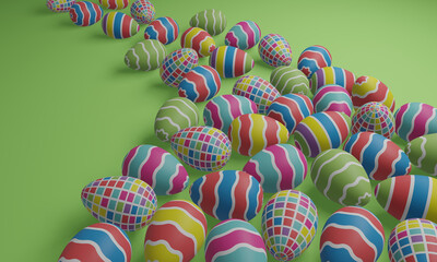 Fototapeta na wymiar Easter eggs with a colorful bright geometric pattern on a green background. 3d rendering.