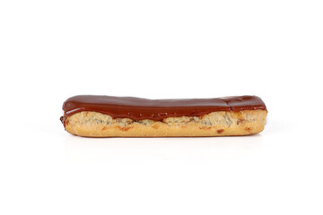 French Eclair with Chocolate brown Glaze. Eclairs with Custard isolated on white Background