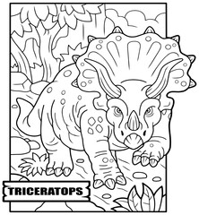 prehistoric dinosaur triceratops, coloring book, funny illustration