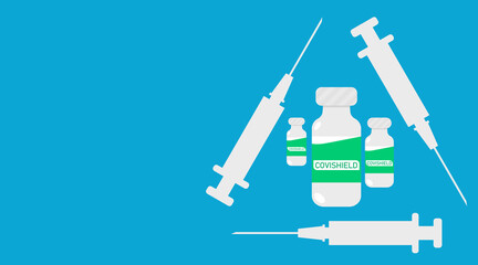 Vector illustration of covishield coronavirus vaccine and syringe, vaccination and treatment campaign. All elements are isolated.