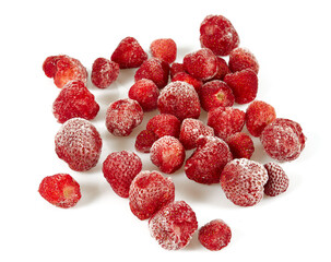 Frozen strawberries isolated on white background. Berries are being preserved for winter.
