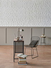 Obraz premium Working room at home style with wooden table laptop and metal black chair, poster brick wall.