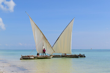 Obraz premium fishing outrigger dhow moored alomg the beach