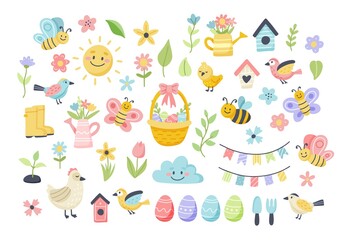 Easter spring set with cute eggs, birds, bees, butterflies. Hand drawn flat cartoon elements. illustration