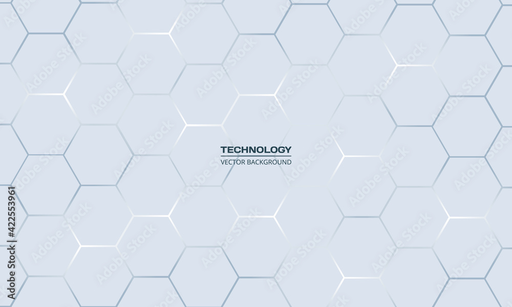 Aufkleber Light gray hexagonal technology vector abstract background. Blue bright energy flashes under hexagon in technology futuristic modern background vector illustration. White honeycomb texture grid.