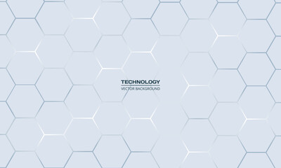 Light gray hexagonal technology vector abstract background. Blue bright energy flashes under hexagon in technology futuristic modern background vector illustration. White honeycomb texture grid.