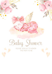 Watercolor hand painted newborn girl birthday card and baby shower invitation. Design for invitation, children decoration. Kid, flowers, baby, fox - obrazy, fototapety, plakaty