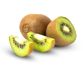 Ripe kiwi fruit and kiwi slices ​​separately on white background