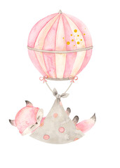 Watercolor hand painted newborn girl composition with cute sleeping fox, pin, balloons. Design for baby shower, textile, nursery decor, children decoration