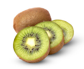 Ripe kiwi fruit and kiwi slices ​​separately on white background