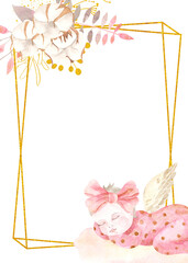 Watercolor hand painted newborn girl gold frame. Design for baby shower, invitation, children decoration. Kid, swan, flowers, baby, fox - 422554538