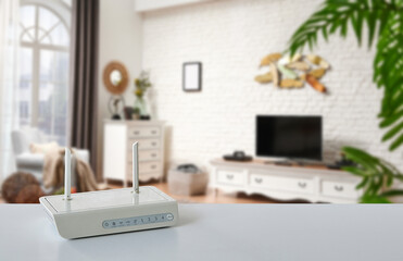 Close up modem box on the table, decorative home concept technological tool background style.