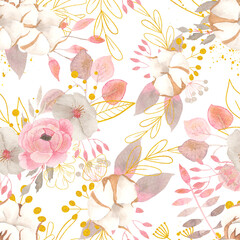 Watercolor floral seamless pattern with delicate pink and gray flowers, leaves, branches, twigs and gold elements isolated on white background - 422554791