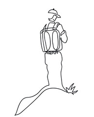 One line drawing of hiker on mountaintop.
One continuous line drawing of hiker standing on a mountaintop.