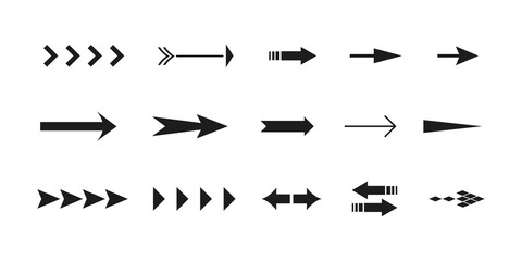 arrow icons, a set of interesting standard arrows, direction of the path. Vector illustration.