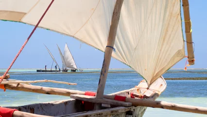 Fotobehang fishing outrigger dhows moored along a shallow beach © mikefoto58