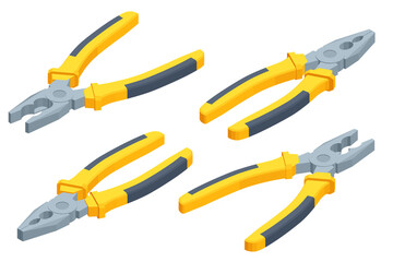 Obraz premium Isometric metal pliers with rubber handles black and yellow color isolated on white background. Hand tools for repair, construction and maintenance