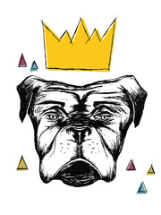 vector illustration of a hand drawn realistic dog with a crown