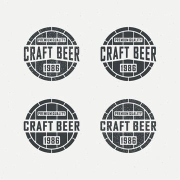 Set of color illustrations of a barrel, text on a background with a grunge texture. Vector illustration in vintage style for emblem, badge, label and poster. Advertising of craft beer production.