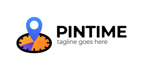 Pin Time Logo Template Design. Vector clock and map pointer logotype combination. Time and gps locator symbol or icon. Unique express and pin logotype design template.