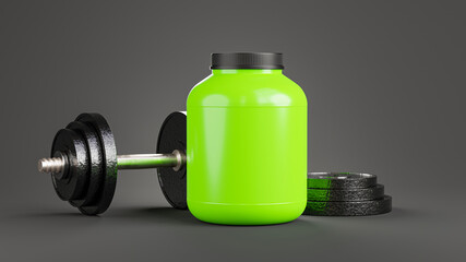 3d render of realistic whey protein bottle with dumbbell for your products