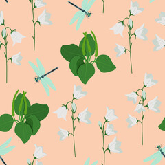 Seamless vector illustration with field bells , plantain and dragonflies on a beige background.