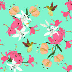 Seamless vector illustration with hibiscus flowers, lily and a birds on a green background.