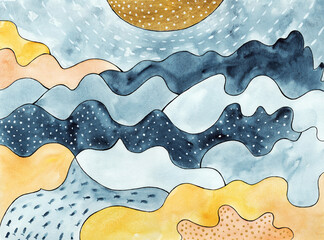 Abstract modern minimalist landscape with golden Sun, indigo sea and sand beach. watercolor illustration 