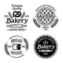 Fototapeta premium Bakery and pastries set of four vector monochrome emblems, badges, labels isolated on white background