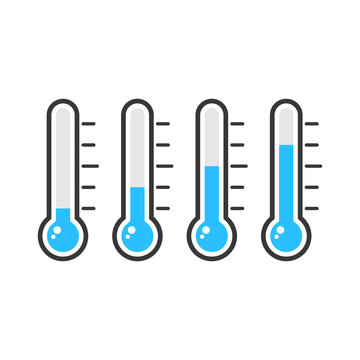 Thermometer icon set. Measurement instrument. Weather thermometer with blue mercury. Medical device with different cold temperature. Vector illustration isolated on white.