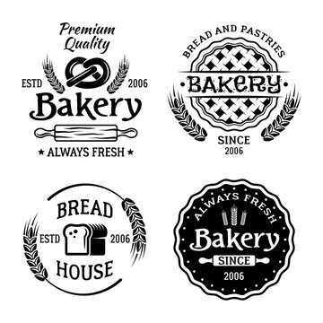 Bakery and pastries set of four vector monochrome emblems, badges, labels isolated on white background