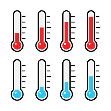Thermometer icon set. Measurement instrument large collection. Weather thermometer with blue an red mercury. Devices with different cold and hot temperature. Vector illustration isolated on white.