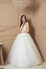 Fototapeta premium Fashion bride in gorgeous wedding dress studio portrait. Beautiful model with bridal makeup and hairstyle in marriage lace dress.