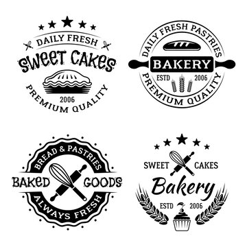 Bakery shop set of four vector monochrome emblems, badges, labels isolated on white background